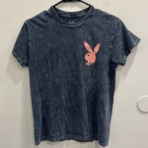 Playboy Acid Wash Graphic T-Shirt Gray Pink Bunny Logo Short Sleeve Small Grunge